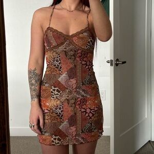 brown patchwork size XS & L cowgirl bohemian mini dress country neutrals country